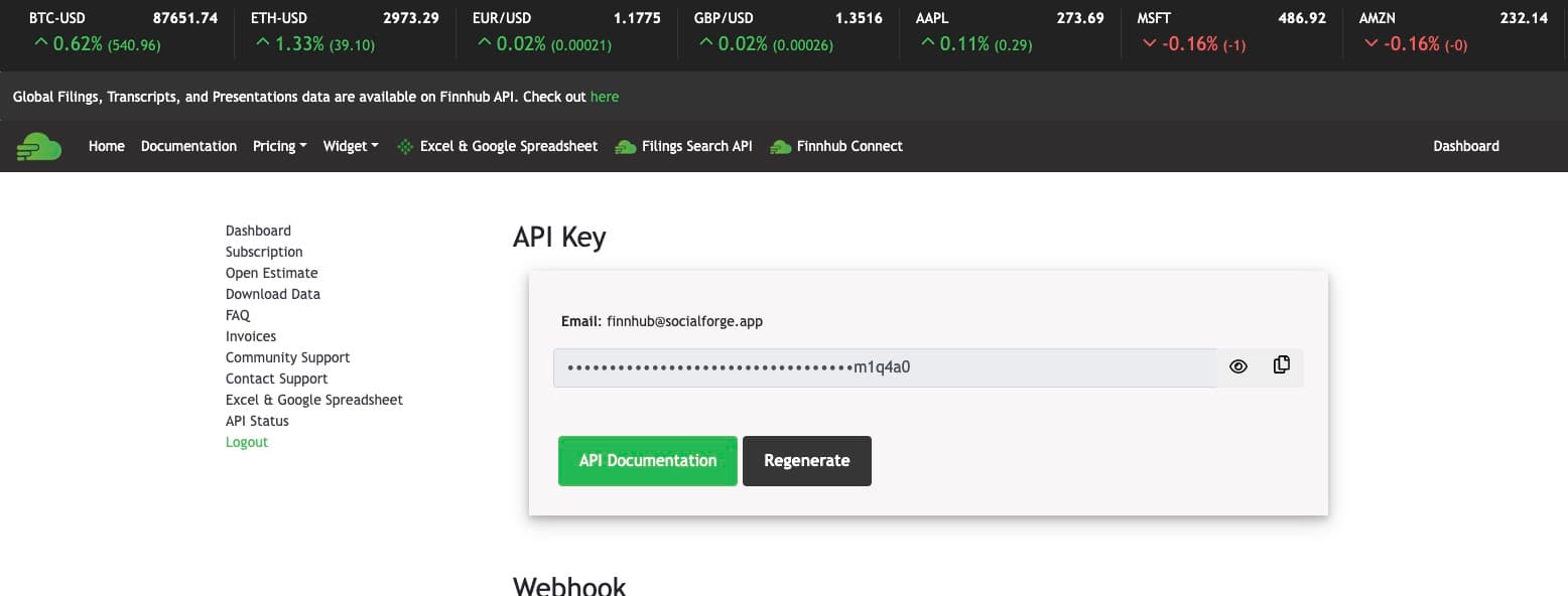 Finnhub dashboard showing API key