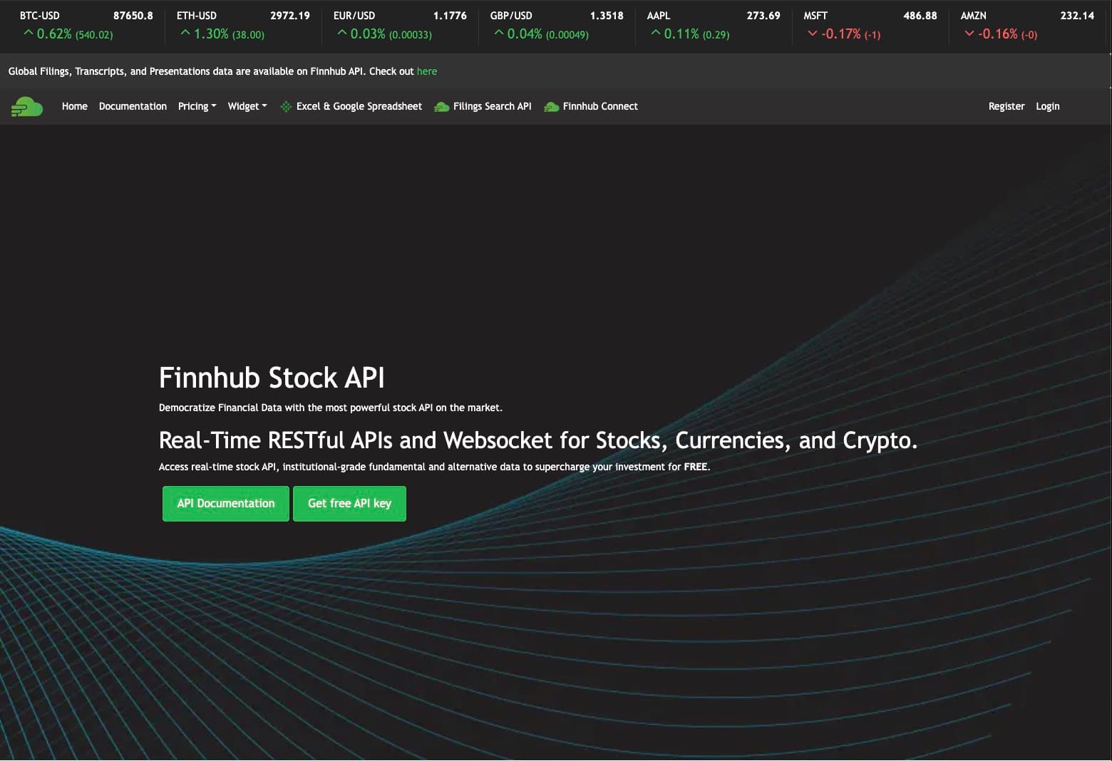 Finnhub homepage with Get free API key button