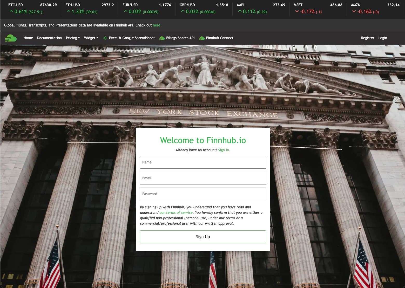Finnhub registration form